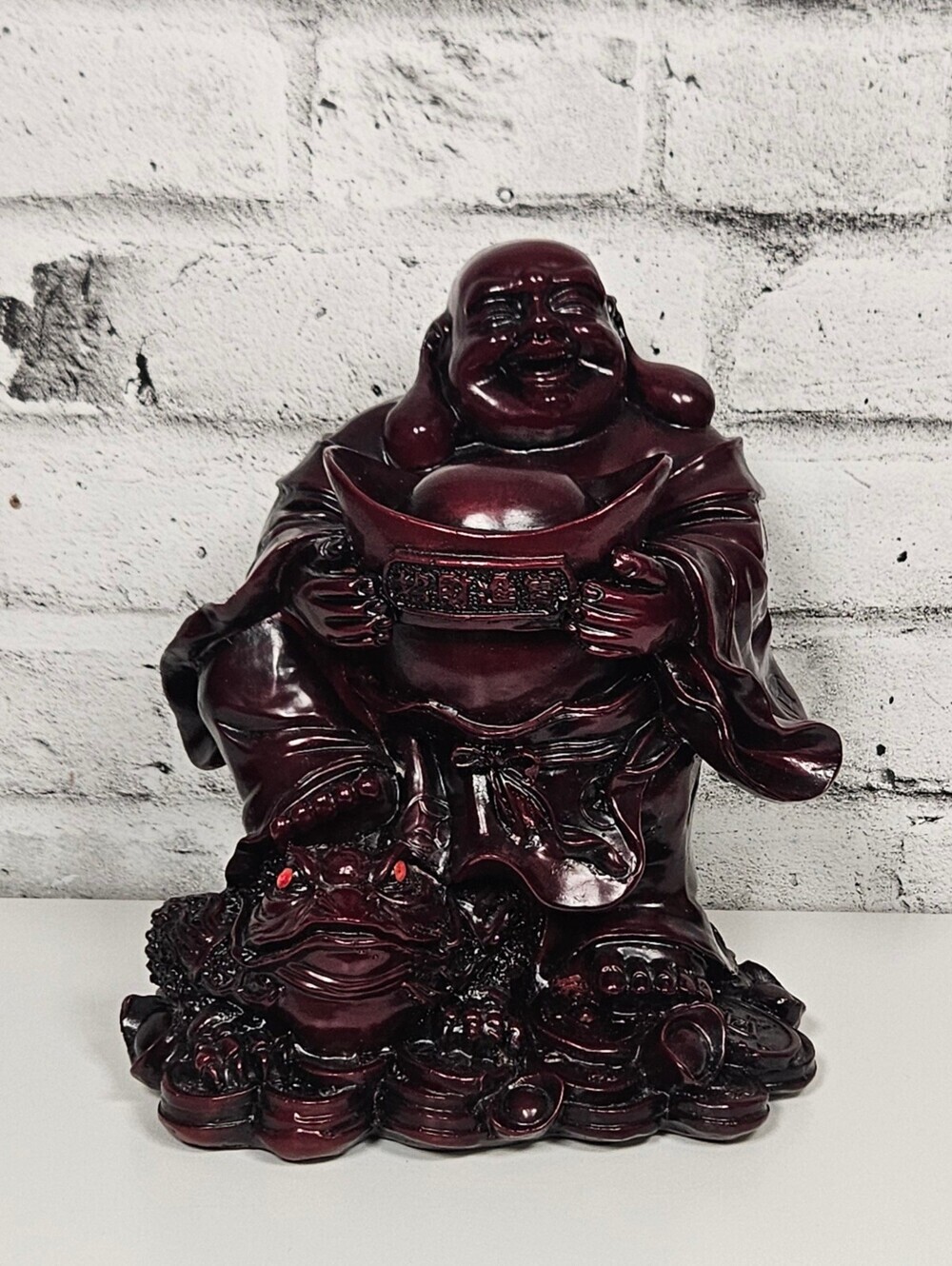 Vintage Carved Wood Laughing Buddha Money Frog Feng Shui Statue Decor